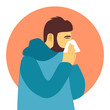 A man cover his sneeze with handkerchief vector illustration on white background. Sneezing man in side view. Sick man sneeze in flat design. Season allergy.