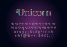 Unicorn Neon Light Font Template. Multicolor Illuminated Vector Alphabet Set. Bright Capital Letters, Numbers And Symbols With Outer Glowing Effect. Nightlife Typography. Childish Typeface Design