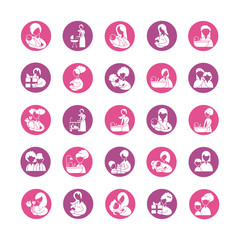 Wall Mural - set of icons with mother and baby, silhouette style icon