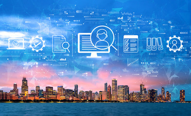 Wall Mural - Document management system concept with downtown Chicago cityscape skyline with Lake Michigan