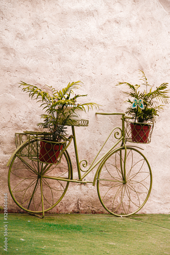 Stary zielony rower z zawieszonymi doniczkami z kwiatami - obrazy, fototapety, plakaty 