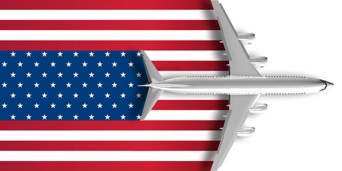 3D flag of the United States of America with an airplane flying over it