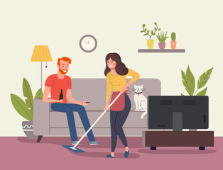 Wall Mural - Man and cat  sitting on sofa and watching TV, Young woman with mop in the living room. Vector flat style illustration