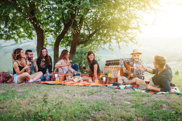 Wall Mural - Picnic in the countryside - Group of young friends at sunset on spring day are sitting on the ground in a park near trees - They drinking red wine and eating grilled meat with barbecue and play guitar