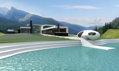 3D illustration of luxury estate exterior integrated into the natural environment.