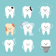 © Idol Design - Set cute tooth characters in flat style. dental collection - brushing, plaque, caries hole, cleaning, stains and healthy teeth.