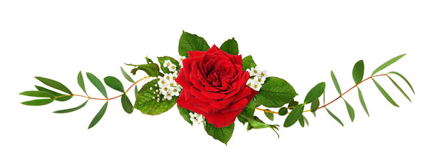 Wall Mural - Red rose flower and green leaves in a floral arrangement