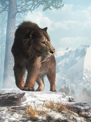 Aufkleber - A saber tooth cat stands on a snowy hill and glances into the valley below.  Smilodon populator, the largest cat ever, lived during the Pleistocene era in South America. 3D Rendering 	