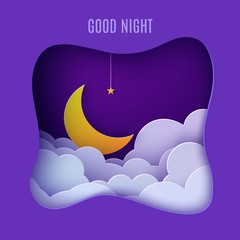 Wall Mural - Night sky clouds frame like pillow with gold stars on rope and moon in paper cut style. Cut out 3d background with crescent and cloudy landscape papercut art. Vector card for wish good night.