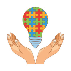 Sticker - hands lifting bulb with puzzle game pieces