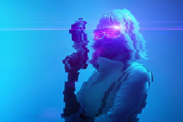 Wall Mural - Girl with blaster in the futuristic battle. Concept virtual reality, cyber game. Image with glitch effect.