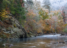 A Light Dusting Of Snow On The Autumn Colors Along The Little River In Great Smokey Mountains National Park.