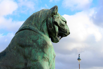 Wall Mural - Grinning head of a stone lion in the sky