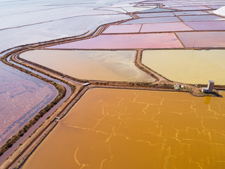 Aerial view over beautiful salt field in Conti Vecchi Italy 