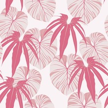 Abstract Seamless Tropical Pattern Pink Colorful Leaves And Plants On White Background. Seamless Exotic Pattern With Tropical Plants. Exotic Wallpaper. Trendy Summer Hawaii Print.