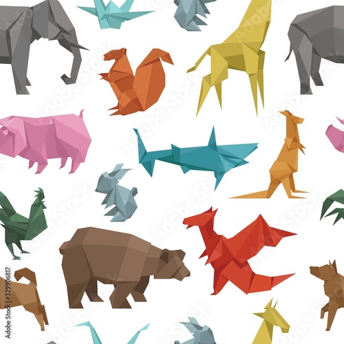 Fototapeta Origami papierowi zwierzęta, geometryczna gra, japończyk bawją się bezszwowego wzór i Asia tradycyjnej dekoraci wektoru ilustracja.