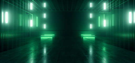 Futuristic Sci Fi Dance Club Stage Catwalk Showcase Laser Neon Green Pantone Garage Underground Concrete Metal Construction 3D Rendering