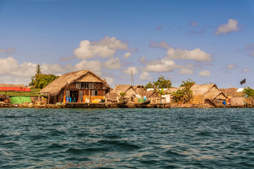 Guna people huts on San Blas Island at politically autonomous Guna territory in Panama.