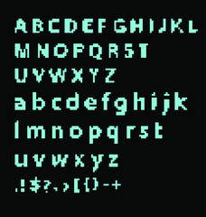 Wall Mural - Pixel alphabet letters and punctuation marks. Modern stylish font or typeface for headline in style of 80's retro video game, vintage computer typography.