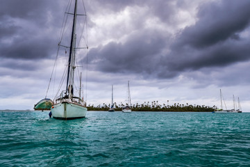 Sailboat at the bay in beautiful Caribbean island in San Blas, Panama, Central America.