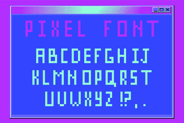 Aufkleber - Pixel alphabet letters and punctuation marks. Modern stylish font or typeface for headline in style of 80's retro video game, vintage computer typography.