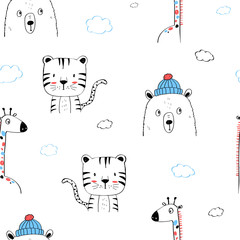 Hand draw bear,  giraffe and tiger  seamless pattern illustration vector.