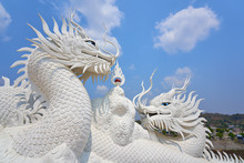 Doubles White Dragon Sculptures On Stair Of Wat Huai Pla Kung Chiang Rai Thailand