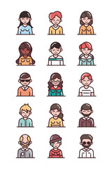 Poster - avatar male female men women cartoon character people icons set line and fill style icon