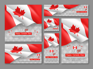 Wall Mural - Happy Canada Day 1st of July banners set. Celebrate official country founding day. Congratulation template with realistic canadian flag and maple leaf. National patriotic holiday vector illustration.