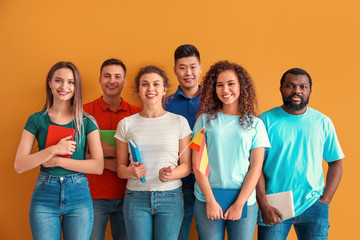 Sticker - Young students of language school on color background