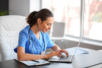 Poster - Young female doctor working in clinic