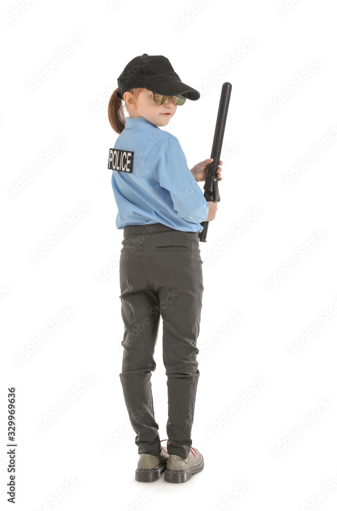 Cute little police officer on white background
