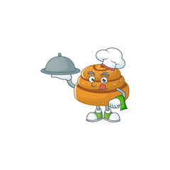 Sticker - chef cartoon character of kanelbulle with food on tray