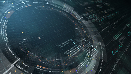 Fototapete - Futuristic motion graphic user interface head up display screen with Holographic Earth and digital data telemetry information display for digital background computer desktop display screen