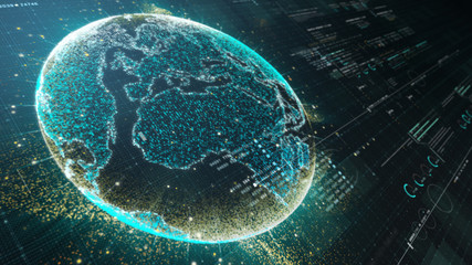 Poster - Futuristic motion graphic user interface head up display screen with Holographic Earth and digital data telemetry information display for digital background computer desktop display screen
