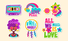 Colorful Retro Hippie Patches Collection, Bright Vintage Stickers Vector Illustration