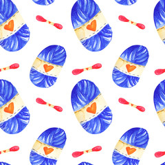 Knitting seamless pattern. Colorful  pattern with knitting and sewing tools on a white background, drawing watercolor. Fabric wallpaper print texture.