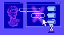 Retro Vaporwave Desktop With Console Window And User Interface Icons. Webpunk Retrofuturistic Nostalgic Style.