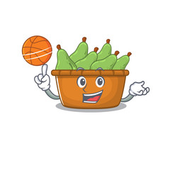 Sticker - A sporty pear fruit box cartoon mascot design playing basketball