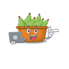 Sticker - An icon of smart pear fruit box working with laptop