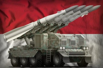 tactical short range ballistic missile with arctic camouflage on the Monaco national flag background. 3d Illustration