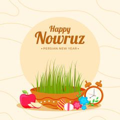 Sticker - Happy Nowruz, Persian New Year Celebration Poster Design with Semeni (Grass) Bowl, Eggs, Apple, Flowers and Alarm Clock on Abstract Background.