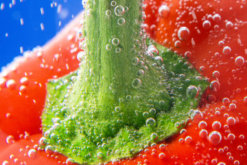 Sweet red bell pepper close- up macro in water under water. juicy fresh ripe vegetable