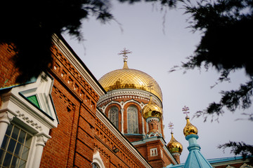 Canvas Print - Golden domes of Orthodox Church sky background