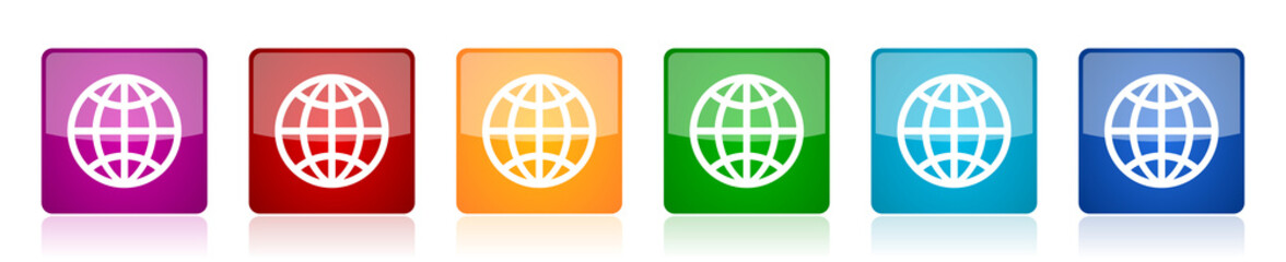 Leinwandbilder - Globe icon set, colorful square glossy vector illustrations in 6 options for web design and mobile applications