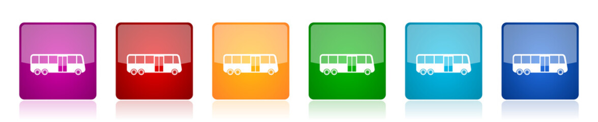 Wall Mural - Bus icon set, colorful square glossy vector illustrations in 6 options for web design and mobile applications