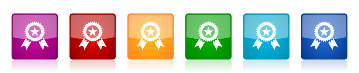 Aufkleber - Award icon set, colorful square glossy vector illustrations in 6 options for web design and mobile applications