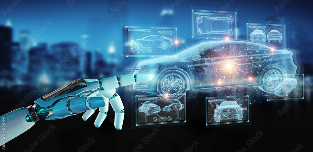 Robot hand holding and touching holographic smart car interface projection 3D rendering - obrazy, fototapety, plakaty 