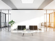 Blank white wall in concrete waiting room with large windows Mockup 3D rendering