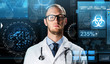 © Syda Productions - technology, medicine and pandemic concept - male doctor in white coat with stethoscope and virtual screens